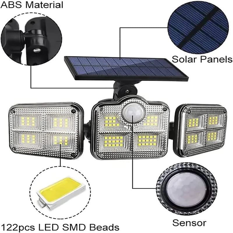 1 PACK Outdoor Motion Sensor Lamp, 4-Head Solar Power Light, 122 LED Solar Light